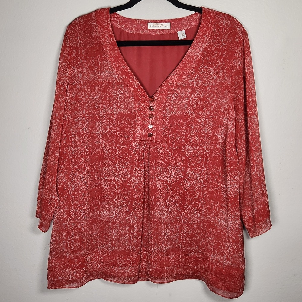 Coldwater Creek Womens 1X Red Ornate Floral Sheer Lined Top Boho Flowy‎ Romantic